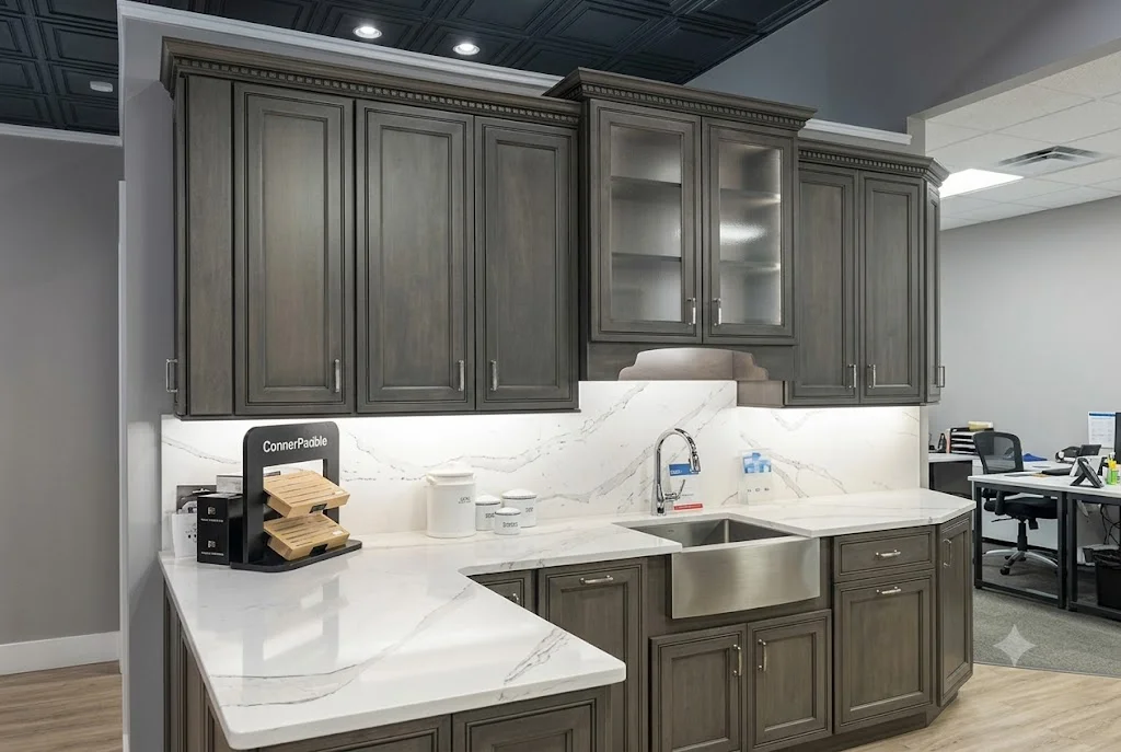 White custom pantry shelving with multiple deep shelves and trim finishing