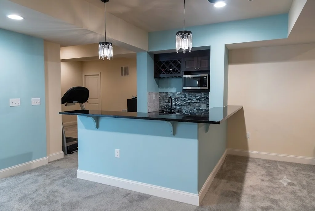 Custom wood bar cabinetry with glass doors, stainless steel refrigerator, and beverage center