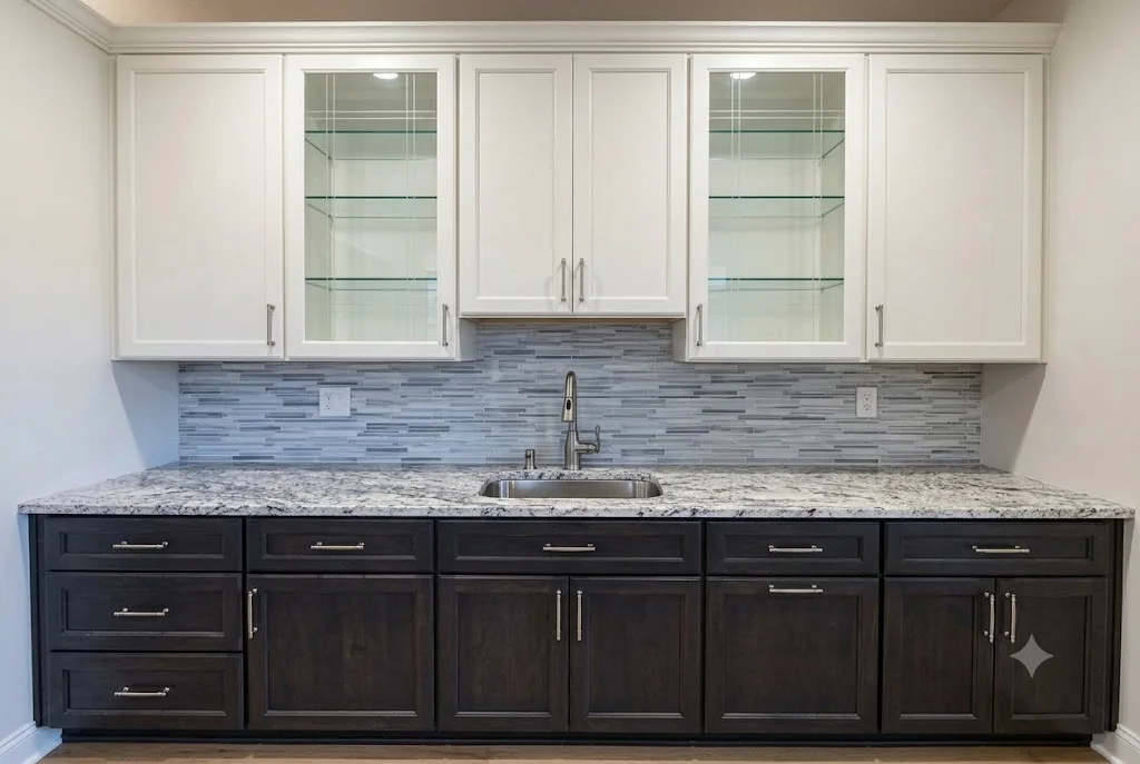 White custom kitchen cabinets with open shelving and recessed panel doors installed by Canvas Kitchens & Baths