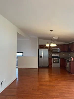 Open concept kitchen with stainless steel appliances, dark cabinets, and hardwood flooring