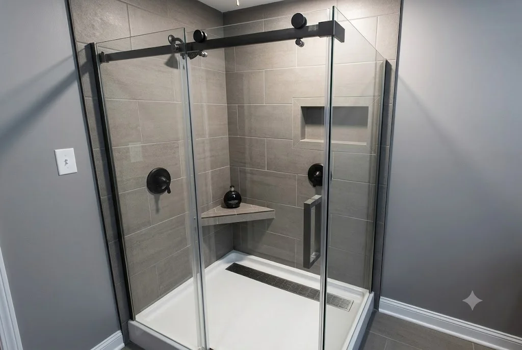 Marble tile shower with frameless glass door and matte black fixtures